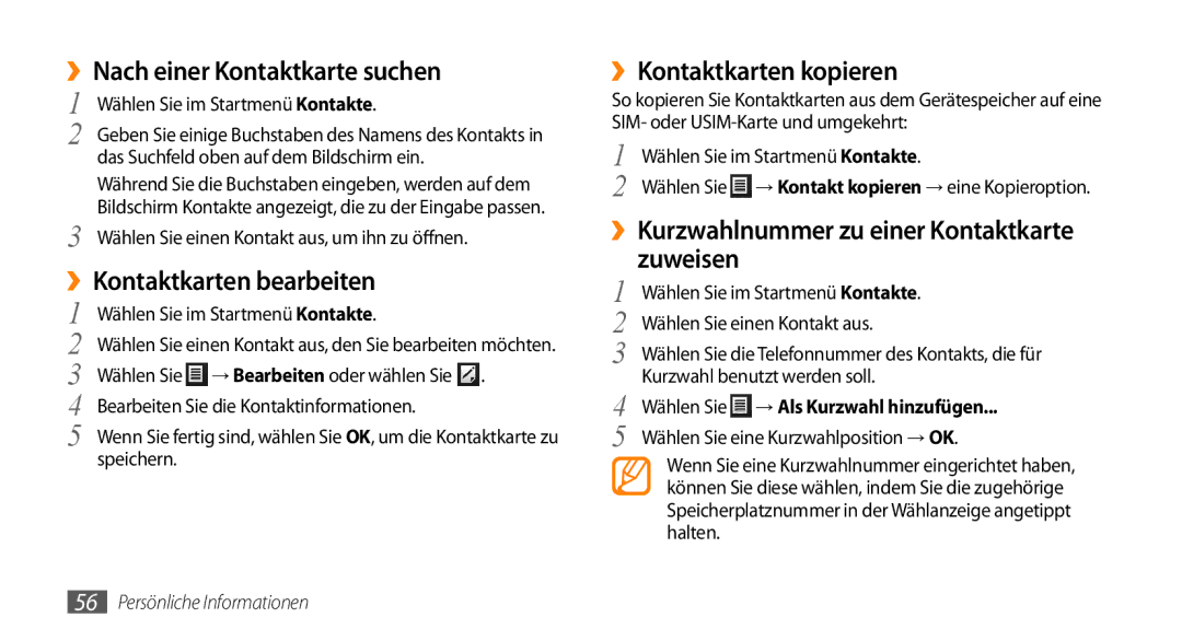 Samsung GT-B7350XKAVD2 manual ››Nach einer Kontaktkarte suchen, ››Kontaktkarten bearbeiten, ››Kontaktkarten kopieren 