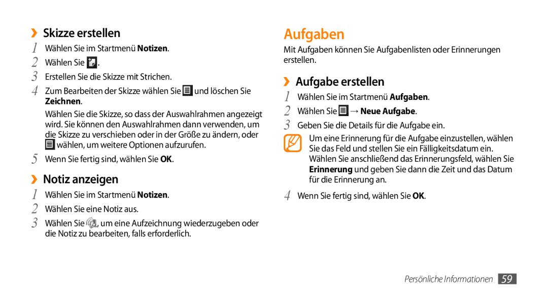 Samsung GT-B7350XKADBT, GT-B7350XKAVD2 manual Aufgaben, ››Skizze erstellen, ››Notiz anzeigen, ››Aufgabe erstellen, Zeichnen 