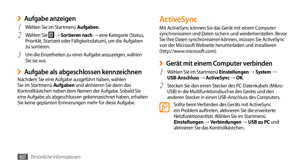 Samsung GT-B7350XKAVD2, GT-B7350XKADBT manual ActiveSync, ››Aufgabe anzeigen, ››Gerät mit einem Computer verbinden 