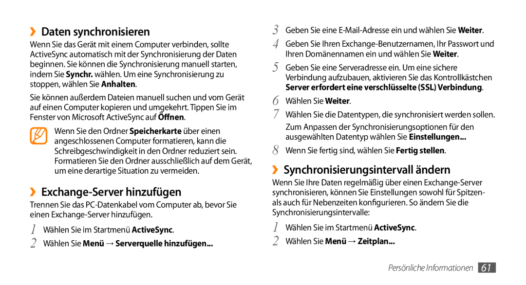 Samsung GT-B7350XKADBT manual ››Daten synchronisieren, ››Exchange-Server hinzufügen, ››Synchronisierungsintervall ändern 