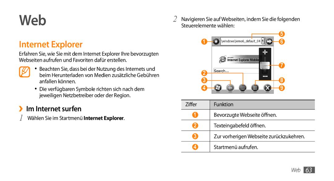 Samsung GT-B7350XKADBT manual Web, Internet Explorer, ››Im Internet surfen, Jeweiligen Netzbetreiber oder der Region 