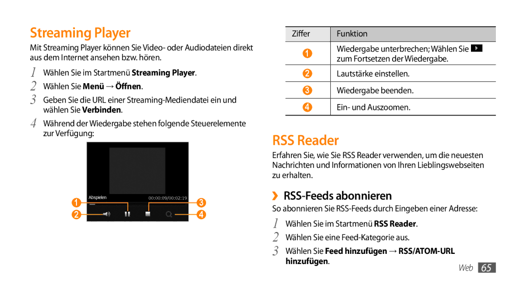 Samsung GT-B7350XKADBT, GT-B7350XKAVD2 manual Streaming Player, RSS Reader, ››RSS-Feeds abonnieren, Hinzufügen 