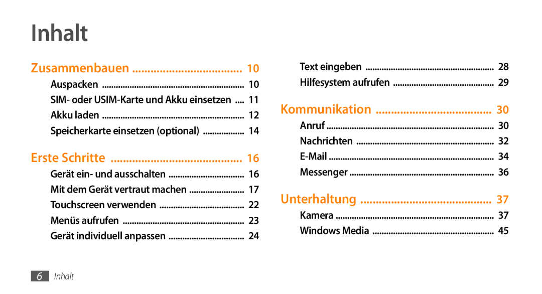 Samsung GT-B7350XKAVD2, GT-B7350XKADBT manual Inhalt, Zusammenbauen 