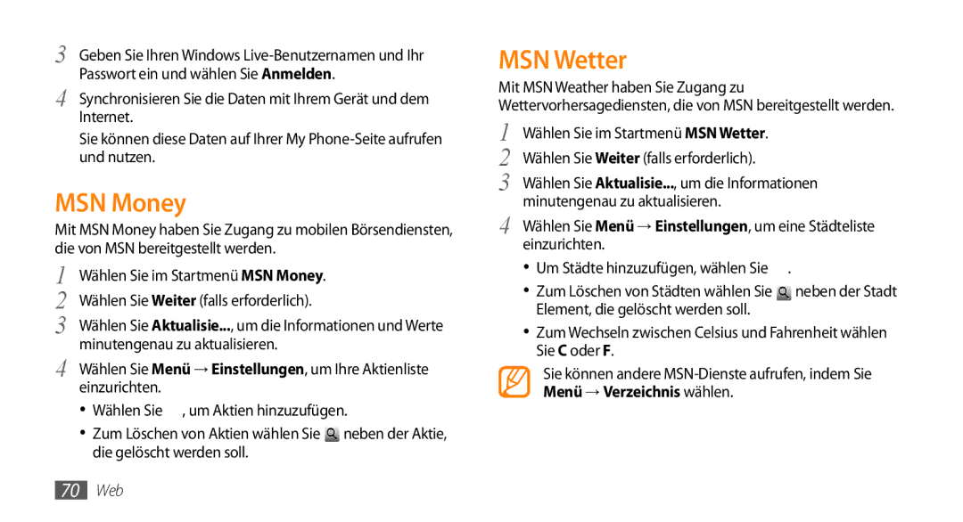 Samsung GT-B7350XKAVD2, GT-B7350XKADBT manual MSN Money, MSN Wetter 