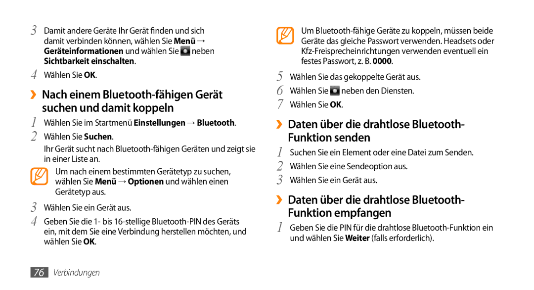 Samsung GT-B7350XKAVD2 ››Nach einem Bluetooth-fähigen Gerät, Suchen und damit koppeln, Funktion senden, Funktion empfangen 