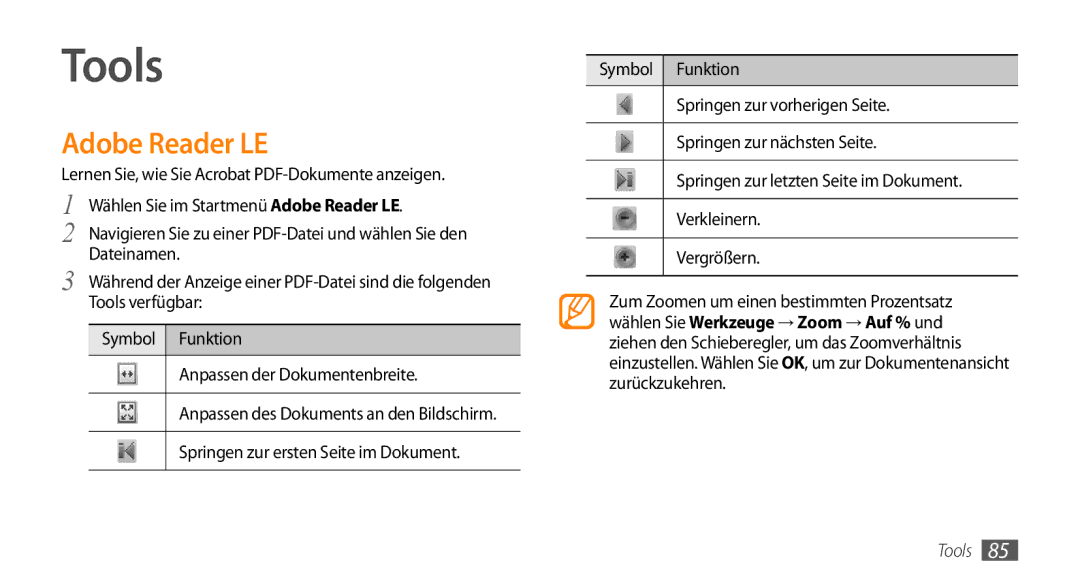 Samsung GT-B7350XKADBT, GT-B7350XKAVD2 manual Tools, Adobe Reader LE 