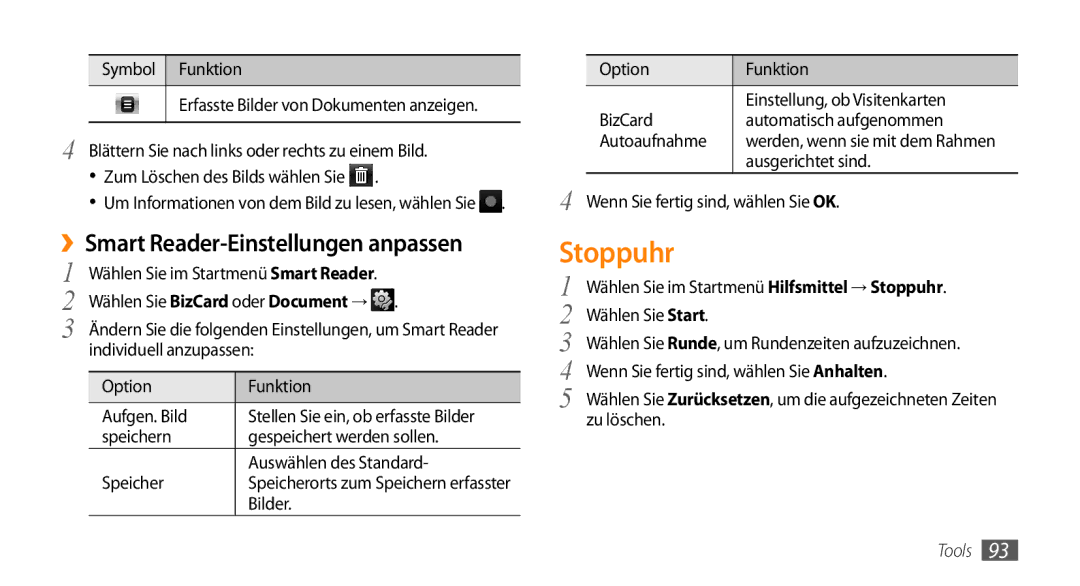 Samsung GT-B7350XKADBT, GT-B7350XKAVD2 manual Stoppuhr, ››Smart Reader-Einstellungen anpassen 