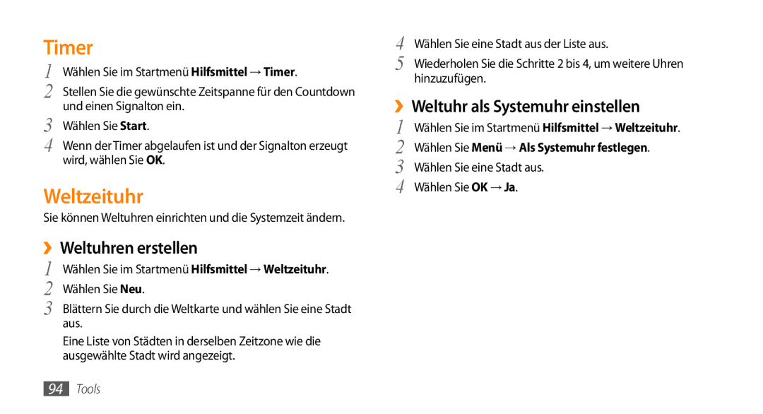 Samsung GT-B7350XKAVD2, GT-B7350XKADBT manual Timer, Weltzeituhr, ››Weltuhren erstellen, ››Weltuhr als Systemuhr einstellen 