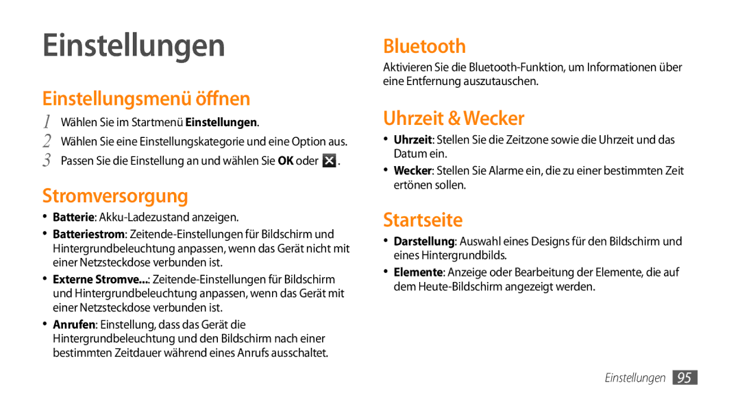 Samsung GT-B7350XKADBT manual Einstellungen, Einstellungsmenü öffnen, Stromversorgung, Uhrzeit & Wecker, Startseite 