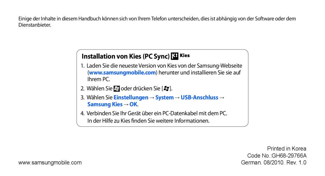 Samsung GT-B7350XKAVD2, GT-B7350XKADBT manual Installation von Kies PC Sync, 2. Wählen Sie oder drücken Sie 