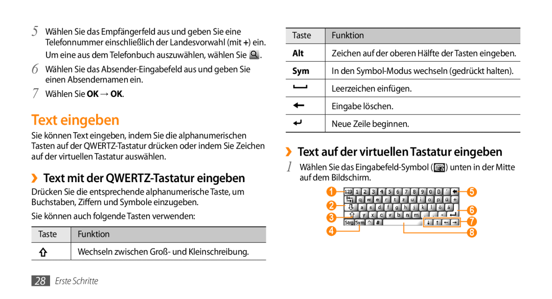 Samsung GT-B7350XKAVD2 Text eingeben, ››Text mit der QWERTZ-Tastatur eingeben, ››Text auf der virtuellen Tastatur eingeben 
