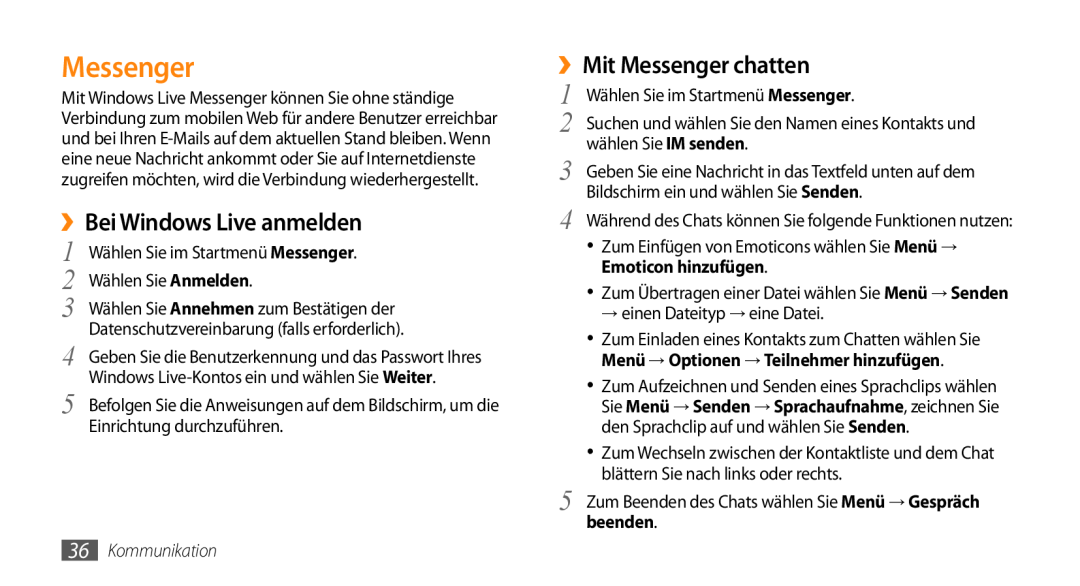 Samsung GT-B7350XKAVD2, GT-B7350XKADBT manual Messenger, ››Bei Windows Live anmelden, Kommunikation 