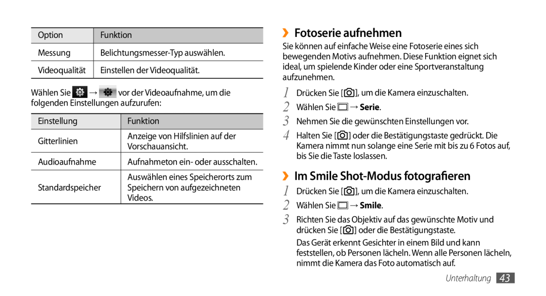 Samsung GT-B7350XKADBT manual ››Fotoserie aufnehmen, ››Im Smile Shot-Modus fotografieren, → Serie, → Smile, Unterhaltung 