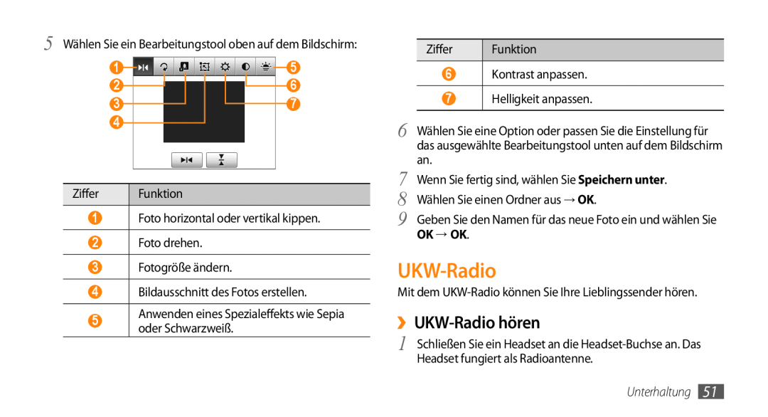 Samsung GT-B7350XKADBT, GT-B7350XKAVD2 manual ››UKW-Radio hören, Ok → Ok, Ziffer, Unterhaltung 