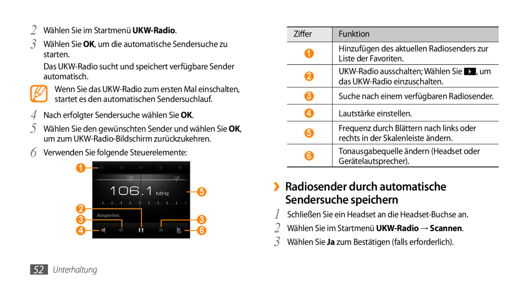 Samsung GT-B7350XKAVD2, GT-B7350XKADBT manual ››Radiosender durch automatische Sendersuche speichern, Unterhaltung 
