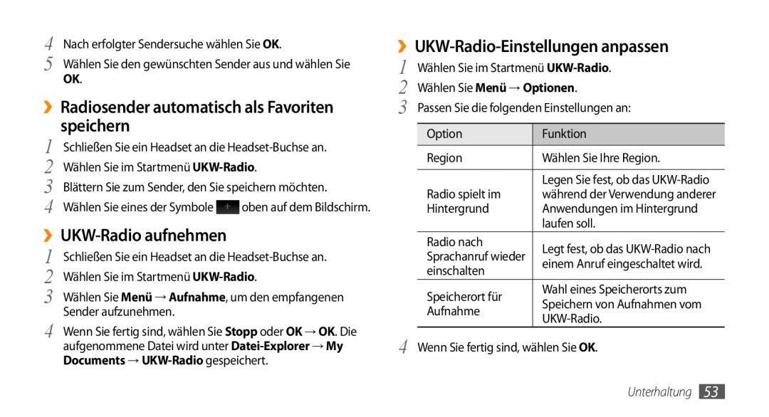 Samsung GT-B7350XKADBT manual speichern, ››UKW-Radio-Einstellungen anpassen, ››Radiosender automatisch als Favoriten 