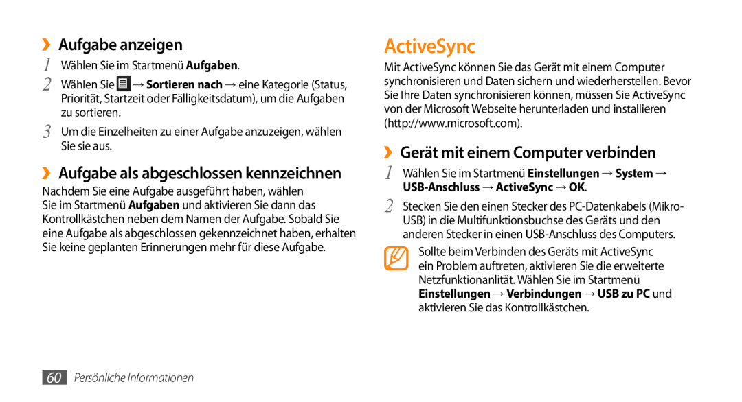 Samsung GT-B7350XKAVD2 ActiveSync, ››Aufgabe anzeigen, ››Gerät mit einem Computer verbinden, Persönliche Informationen 