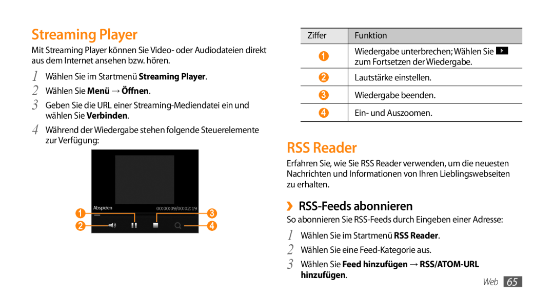 Samsung GT-B7350XKADBT, GT-B7350XKAVD2 manual Streaming Player, RSS Reader, ››RSS-Feeds abonnieren, hinzufügen 