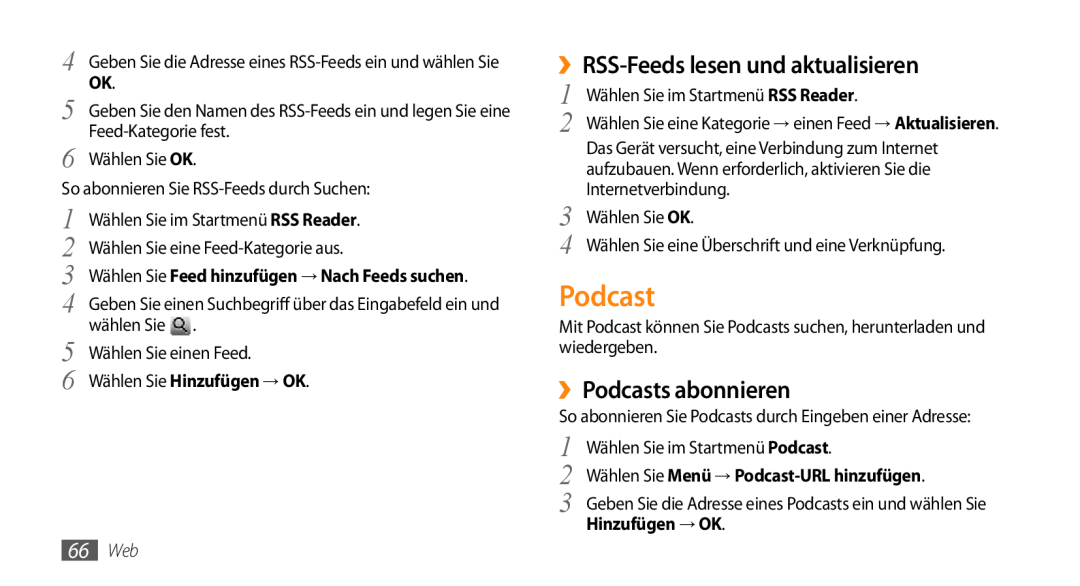 Samsung GT-B7350XKAVD2, GT-B7350XKADBT manual ››RSS-Feeds lesen und aktualisieren, ››Podcasts abonnieren, 66 Web 