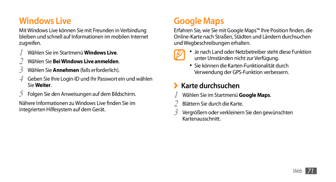 Samsung GT-B7350XKADBT, GT-B7350XKAVD2 manual Google Maps, ››Karte durchsuchen, 2 Wählen Sie Bei Windows Live anmelden 