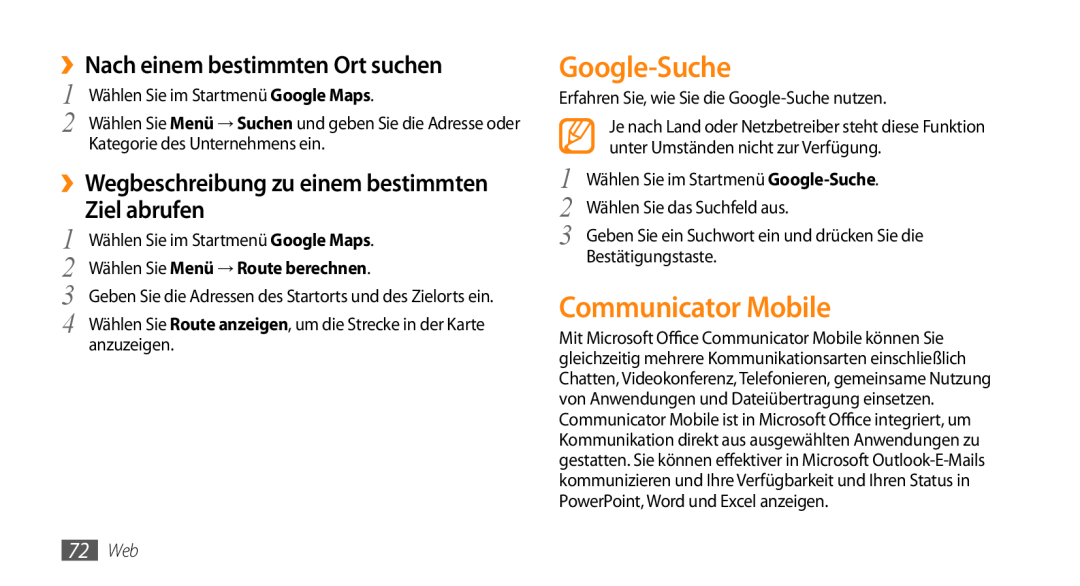 Samsung GT-B7350XKAVD2 manual Google-Suche, Communicator Mobile, ››Nach einem bestimmten Ort suchen, Ziel abrufen, 72 Web 