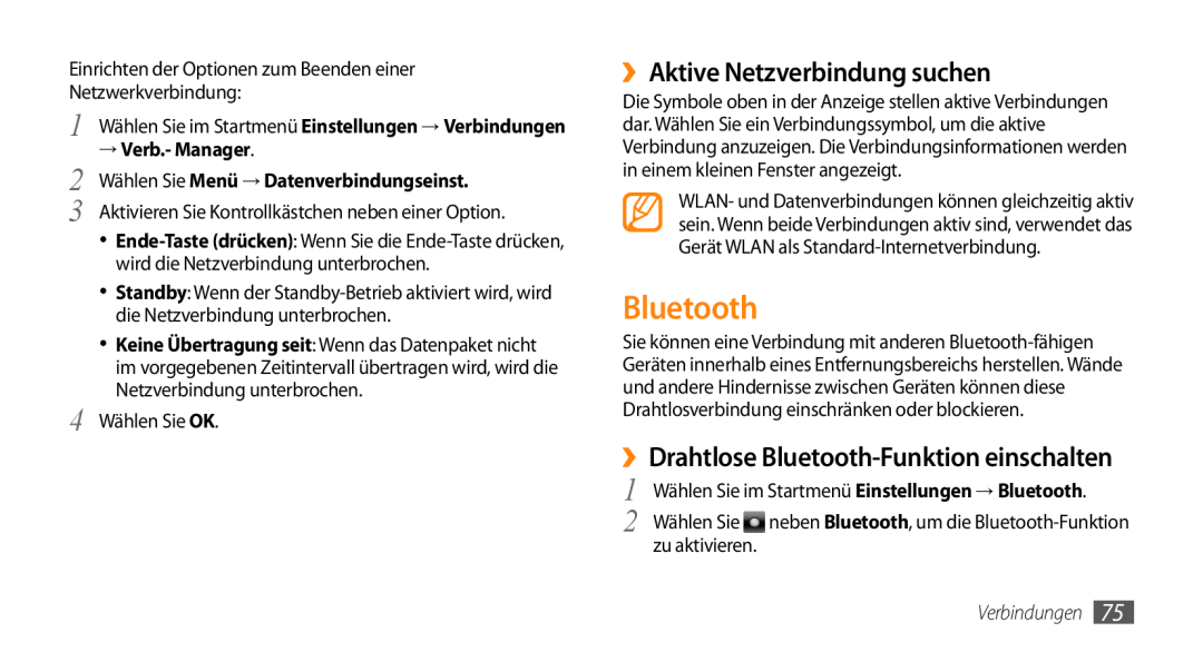 Samsung GT-B7350XKADBT manual ››Aktive Netzverbindung suchen, ››Drahtlose Bluetooth-Funktion einschalten, Verbindungen 