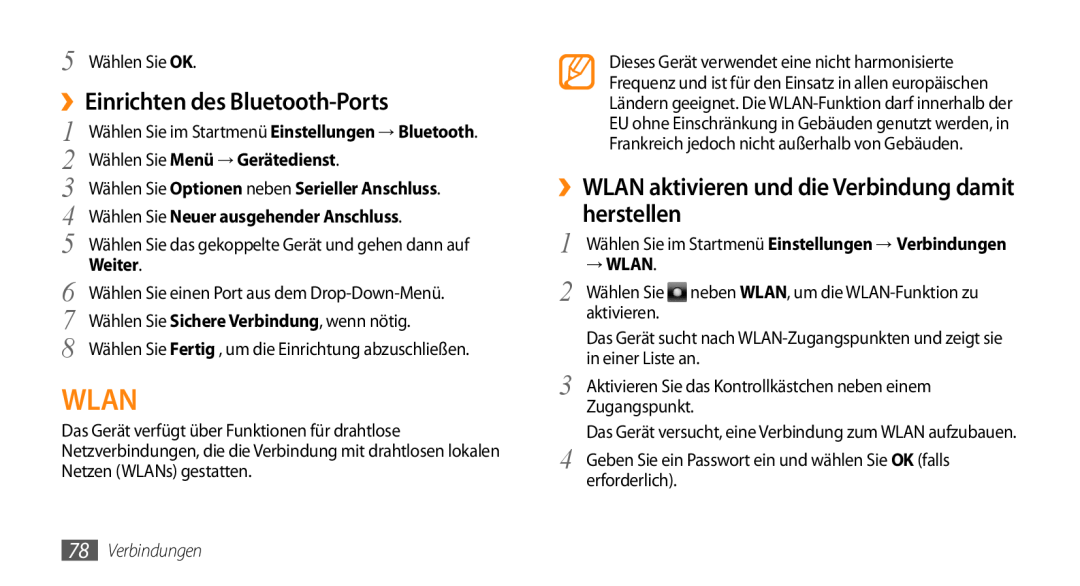 Samsung GT-B7350XKAVD2 manual Wlan, ››Einrichten des Bluetooth-Ports, ››WLAN aktivieren und die Verbindung damit herstellen 