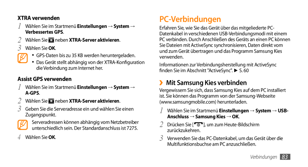 Samsung GT-B7350XKADBT manual PC-Verbindungen, ››Mit Samsung Kies verbinden, XTRA verwenden, Assist GPS verwenden, A-Gps 