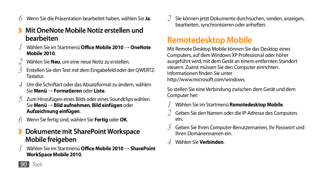 Samsung GT-B7350XKAVD2 Remotedesktop Mobile, ››Mit OneNote Mobile Notiz erstellen und bearbeiten, Mobile freigeben, Tools 