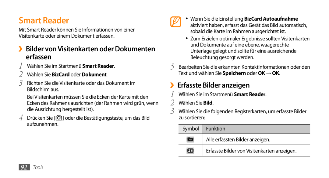Samsung GT-B7350XKAVD2 manual Smart Reader, ››Bilder von Visitenkarten oder Dokumenten erfassen, ››Erfasste Bilder anzeigen 