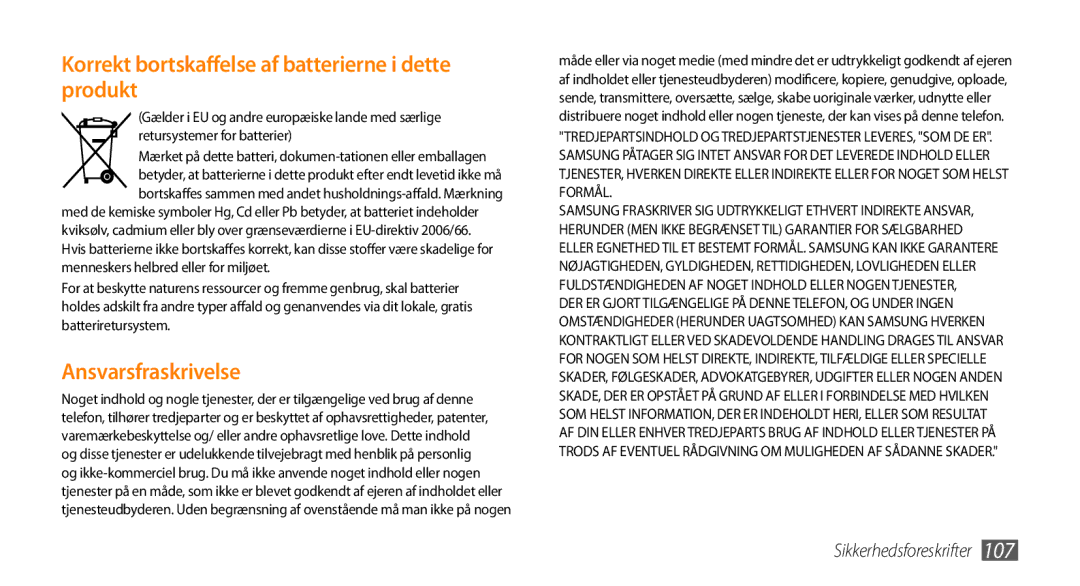 Samsung GT-B7350XKANEE, GT-B7350XKAXEE manual Korrekt bortskaffelse af batterierne i dette produkt 