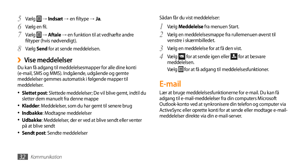 Samsung GT-B7350XKAXEE manual Mail, ››Vise meddelelser, Meddelelsen Vælg for at få adgang til meddelelsesfunktioner 