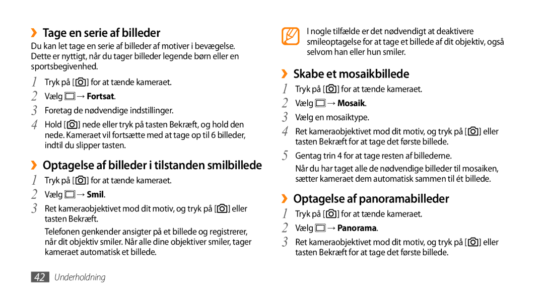 Samsung GT-B7350XKAXEE manual ››Tage en serie af billeder, ››Skabe et mosaikbillede, ››Optagelse af panoramabilleder 