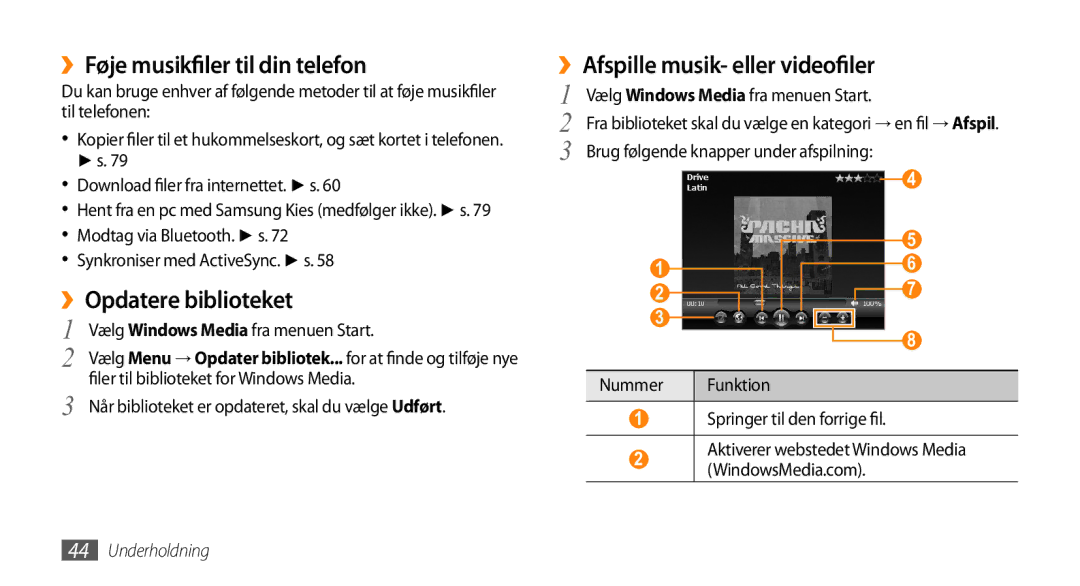 Samsung GT-B7350XKAXEE manual ››Føje musikfiler til din telefon, ››Opdatere biblioteket, ››Afspille musik- eller videofiler 