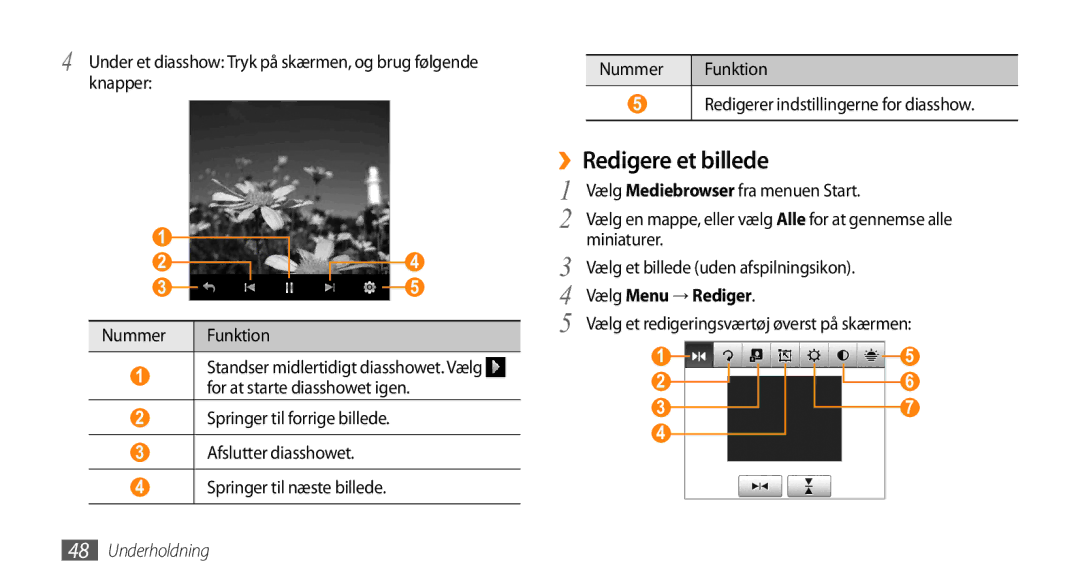 Samsung GT-B7350XKAXEE, GT-B7350XKANEE ››Redigere et billede, Under et diasshow Tryk på skærmen, og brug følgende knapper 