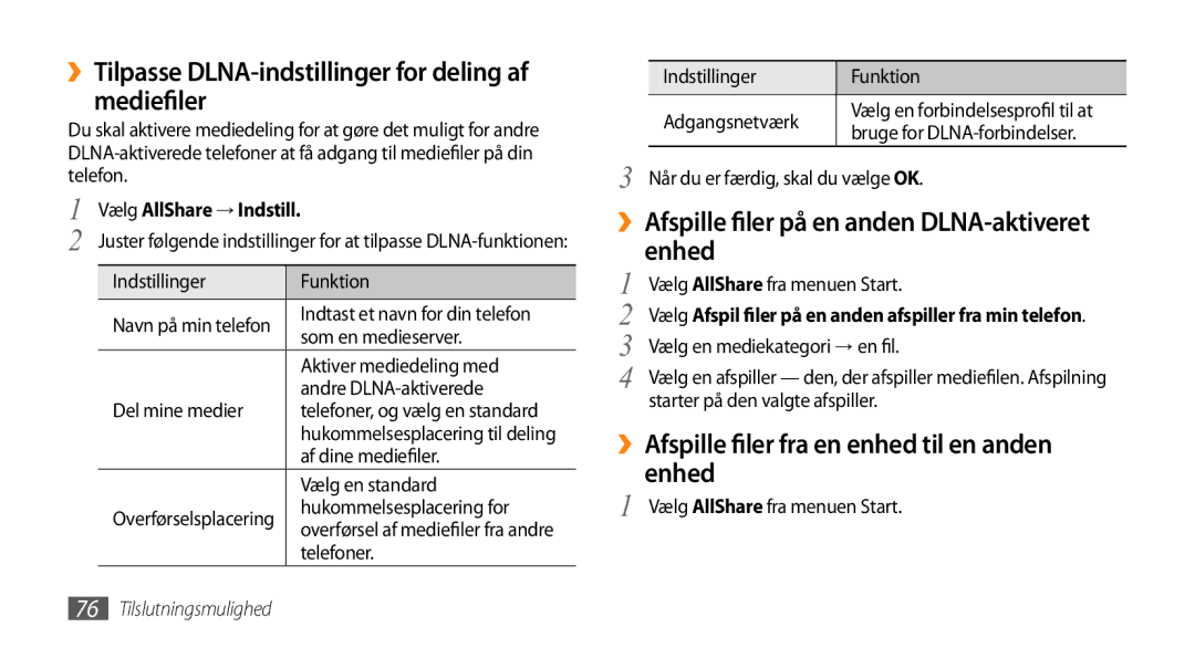 Samsung GT-B7350XKAXEE, GT-B7350XKANEE ››Tilpasse DLNA-indstillinger for deling af mediefiler, Vælg AllShare → Indstill 