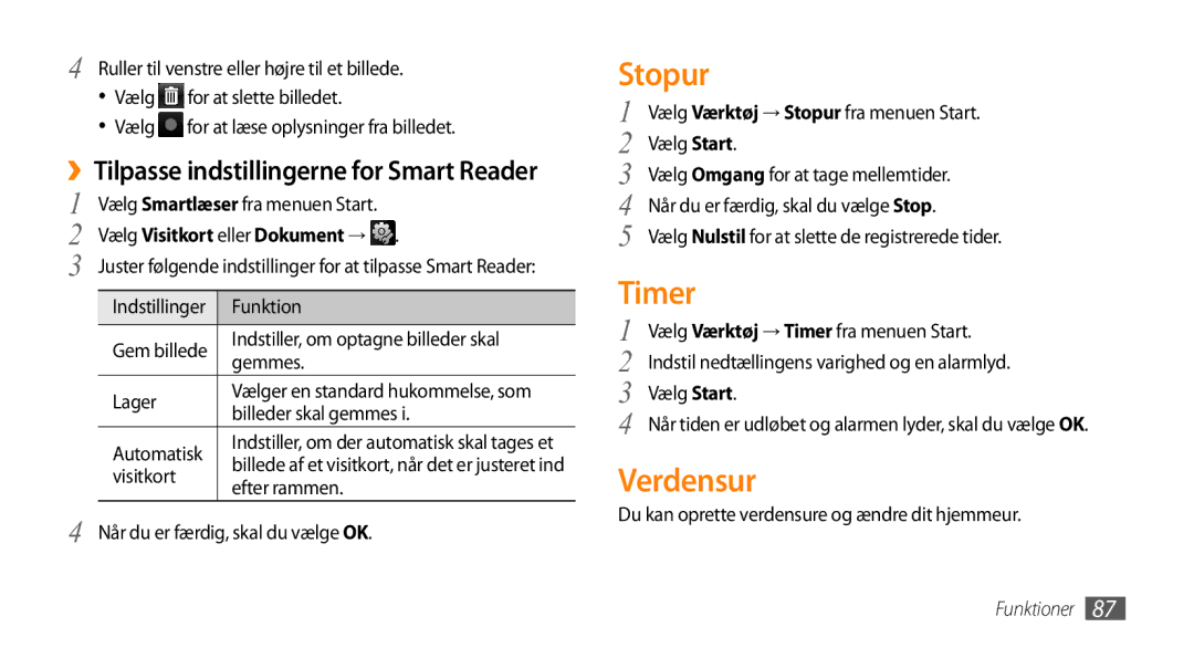 Samsung GT-B7350XKANEE, GT-B7350XKAXEE manual Stopur, Timer, Verdensur, ››Tilpasse indstillingerne for Smart Reader 