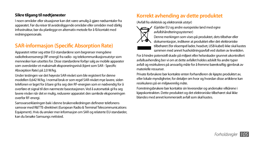 Samsung GT-B7350XKANEE, GT-B7350XKAXEE manual SAR-informasjon Specific Absorption Rate, Sikre tilgang til nødtjenester 