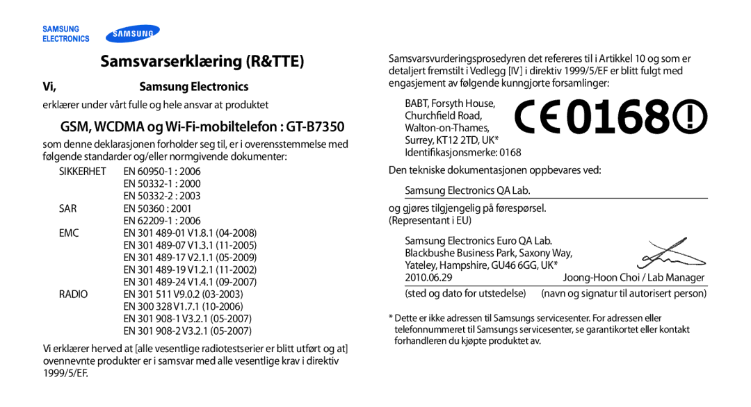 Samsung GT-B7350XKANEE, GT-B7350XKAXEE manual GSM, Wcdma og Wi-Fi-mobiltelefon GT-B7350, Samsung Electronics 