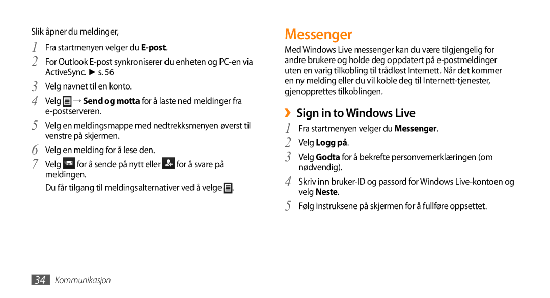 Samsung GT-B7350XKAXEE, GT-B7350XKANEE manual Messenger, ››Sign in to Windows Live, Velg Logg på 