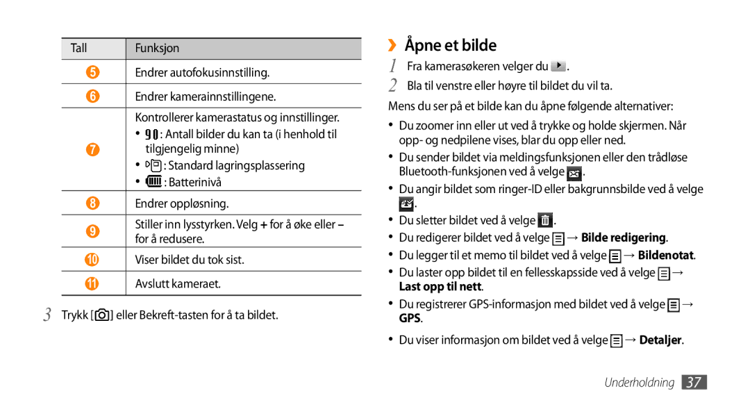 Samsung GT-B7350XKANEE, GT-B7350XKAXEE manual ››Åpne et bilde, Tall Funksjon Endrer autofokusinnstilling, Last opp til nett 