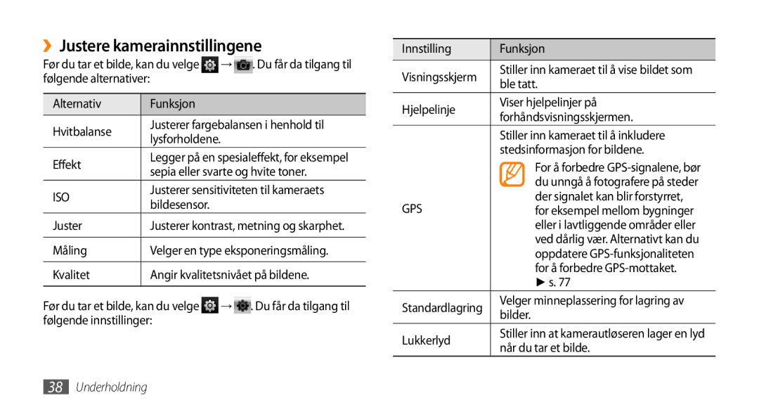 Samsung GT-B7350XKAXEE, GT-B7350XKANEE manual ››Justere kamerainnstillingene 