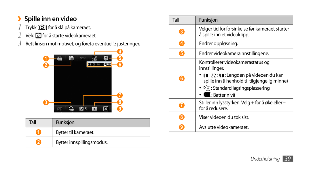 Samsung GT-B7350XKANEE, GT-B7350XKAXEE manual ››Spille inn en video 