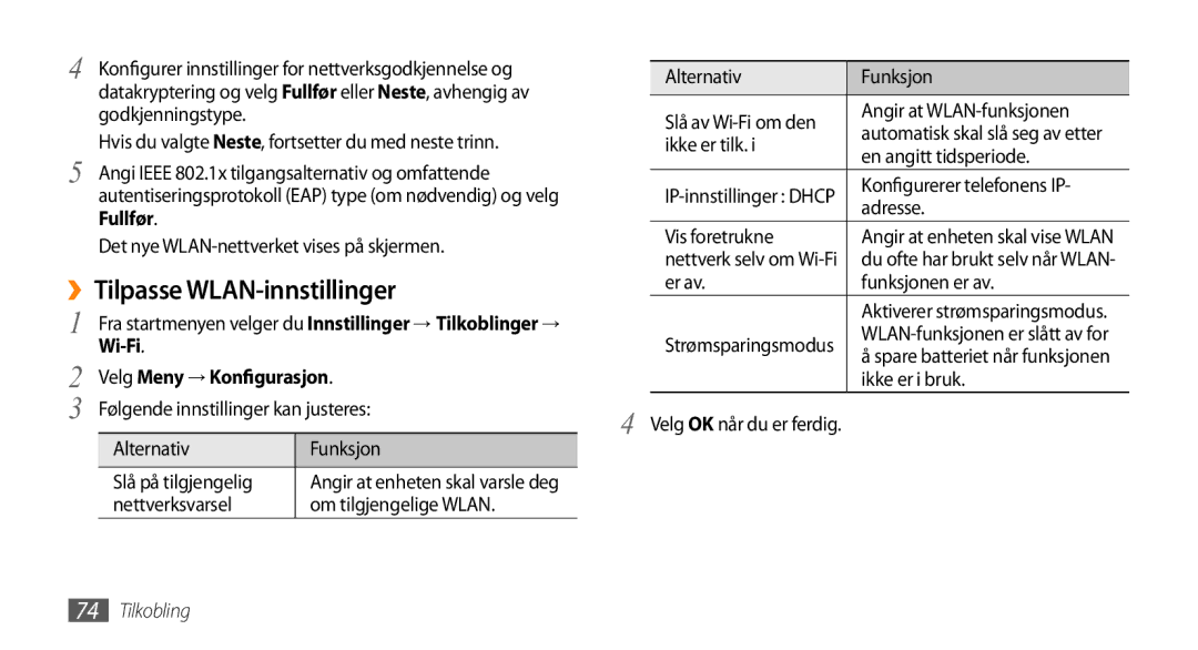 Samsung GT-B7350XKAXEE, GT-B7350XKANEE manual ››Tilpasse WLAN-innstillinger, Fullfør, Wi-Fi Velg Meny → Konfigurasjon 