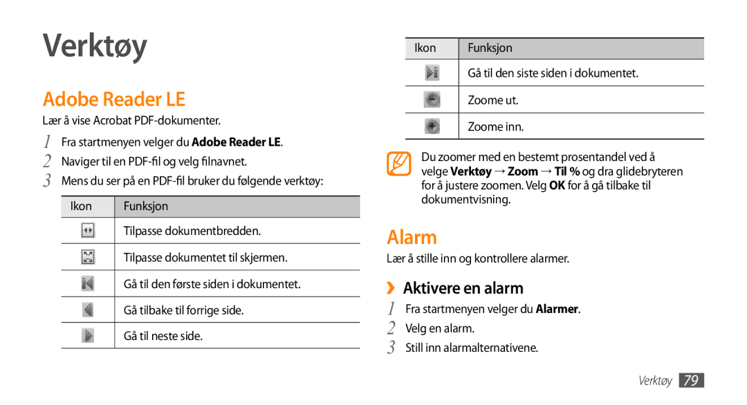 Samsung GT-B7350XKANEE, GT-B7350XKAXEE manual Verktøy, Adobe Reader LE, Alarm, ››Aktivere en alarm 