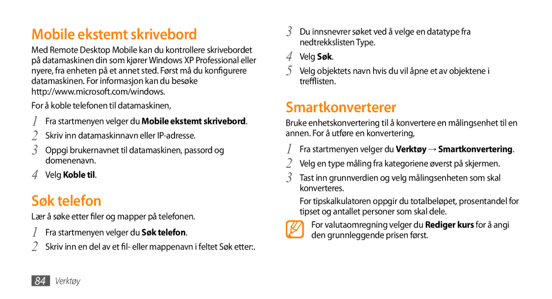 Samsung GT-B7350XKAXEE, GT-B7350XKANEE manual Mobile ekstemt skrivebord, Søk telefon, Smartkonverterer, Velg Koble til 