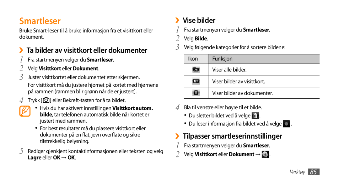 Samsung GT-B7350XKANEE, GT-B7350XKAXEE manual Smartleser, ››Ta bilder av visittkort eller dokumenter, ››Vise bilder 