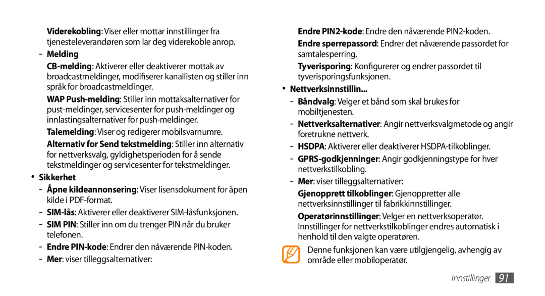 Samsung GT-B7350XKANEE, GT-B7350XKAXEE manual Melding, Sikkerhet, Nettverksinnstillin 