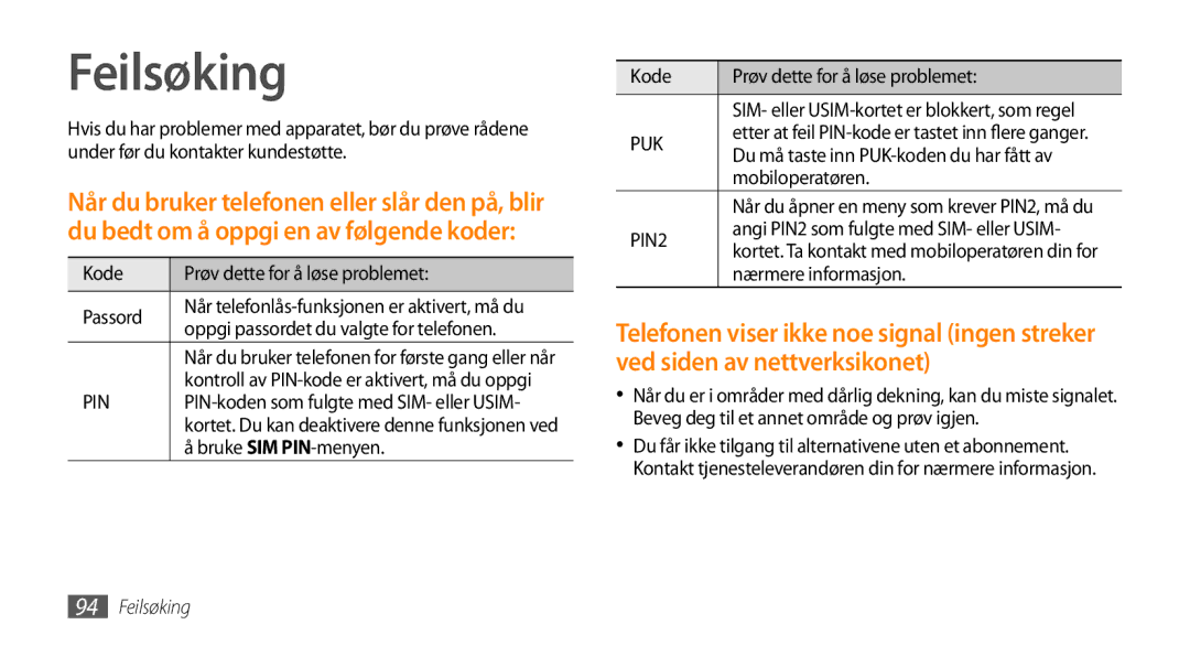 Samsung GT-B7350XKAXEE, GT-B7350XKANEE manual Feilsøking 