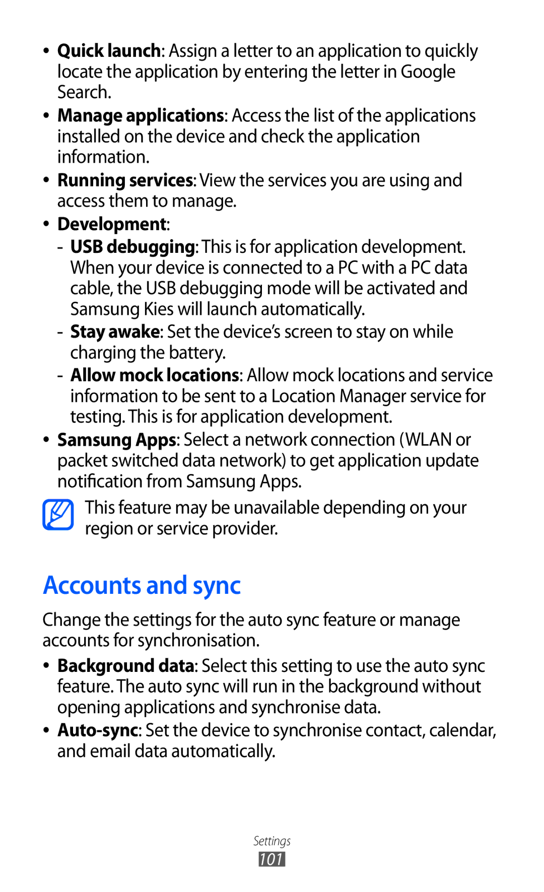 Samsung GT-B7510 user manual Accounts and sync, Development 